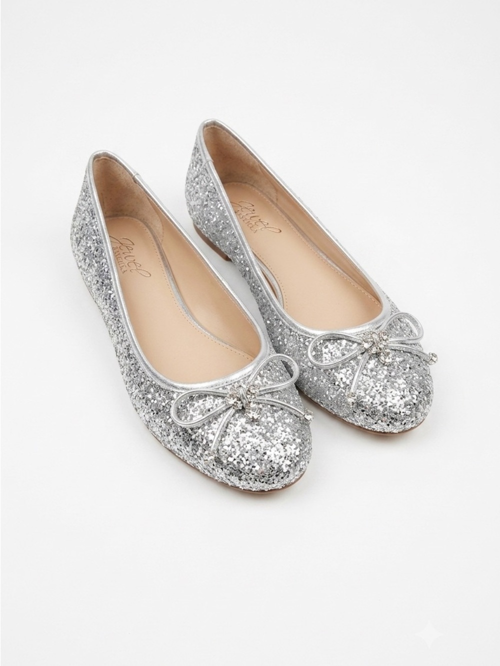 Jewel Badgley Mischka Silver Glitter Ballet Flats - Crystal Bow Accent | Size 8